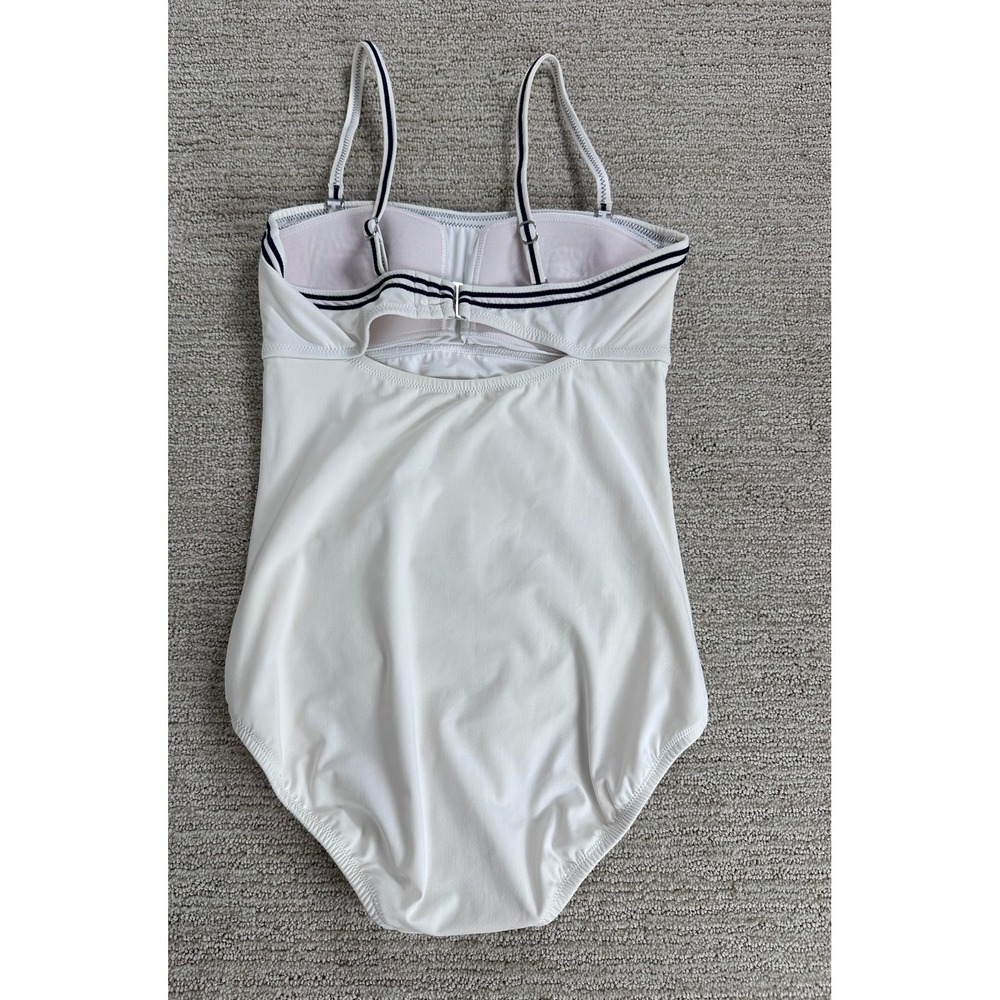 Lands End Women's White One Piece Swimsuit Navy Striped Trim Size 4 Cutout Back - Picture 2 of 9